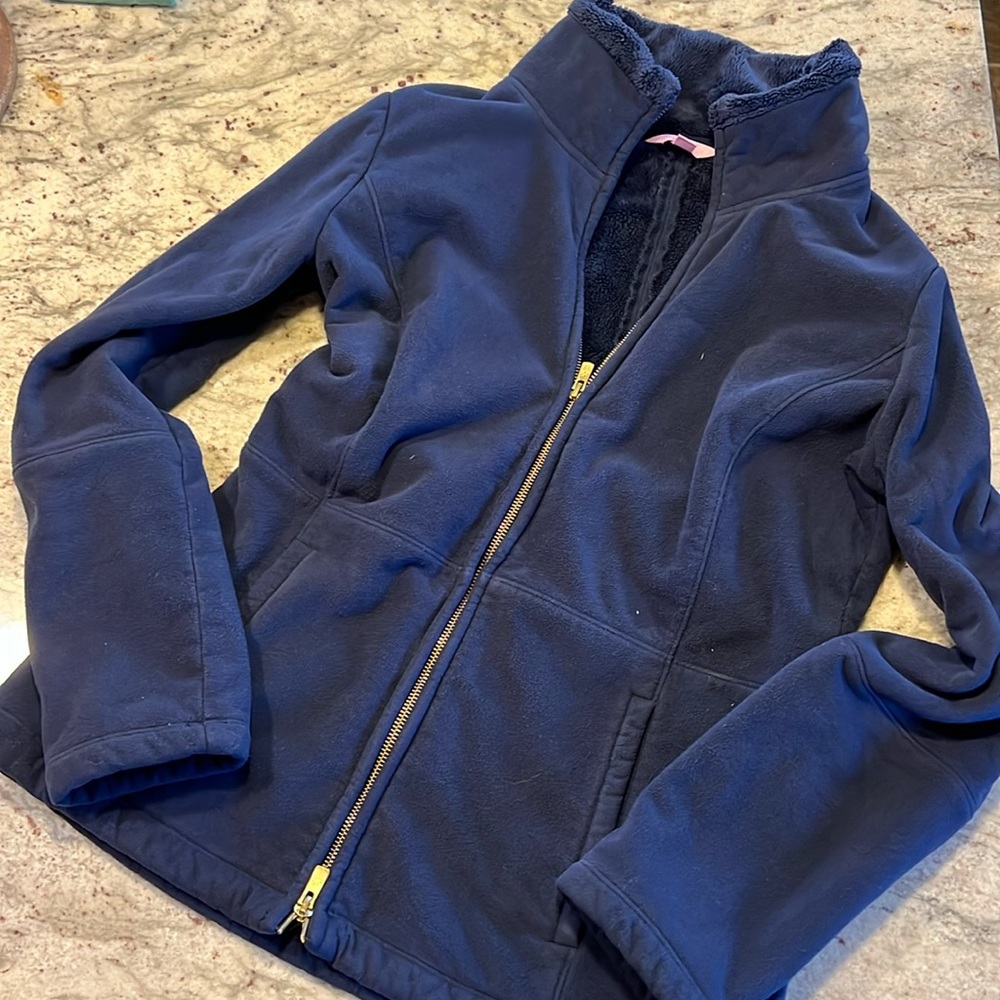 Lilly Pulitzer Grace Fleece Fur Jacket Navy Size Medium EUC